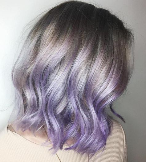 Silver Lob with Lavender Tips Smokey Lavender Hair, Pastel Lilac Hair, Lavender Balayage, Silver Lavender Hair, Lavender Hair Ombre, Purple Grey Hair, Short Purple Hair, Lavender Ombre, Pastel Purple Hair