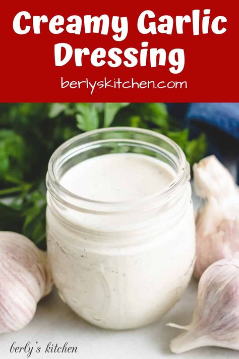 A simple creamy garlic dressing recipe that's done in 5-minutes or less! Simply combine the ingredients in a bowl and serve with your favorite salad. #berlyskitchen Garlic Salad Dressing Recipe, Garlic Dressing Recipe, Creamy Garlic Dressing, Garlic Salad, Garlic Salad Dressing, Garlic Ranch, Arranging Furniture, Garlic Dressing, Vegetable Casserole Recipes