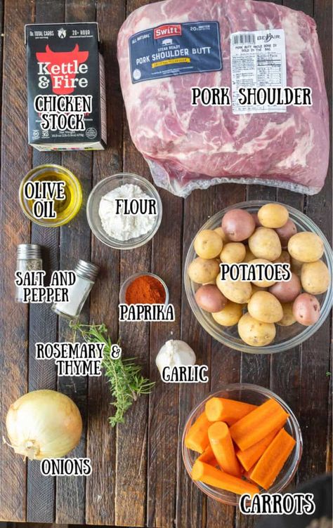 All the ingredients needed for this roasted pork shoulder. Pork Roast Shoulder Recipes, How To Cook Pork Shoulder, Crockpot Pork Shoulder Roast Slow Cooker, Recipes For Pork Shoulder Roast, How To Cook A Pork Shoulder Roast, Pork Shoulder Crockpot Recipes, Healthy Pork Roast Recipes, Pork Shoulder Roast Crock Pot Recipes, Pork Pot Roast Crock Pot Recipes