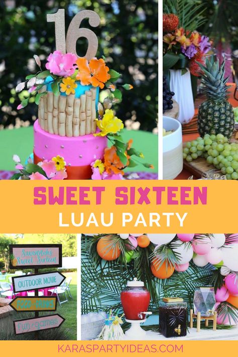 Kara's Party Ideas Sweet 16 Luau | Kara's Party Ideas Aloha Sweet 16 Party Ideas, Sweet 16 Pool Party Outfit, Sweet 16 Hawaiian Theme Cake, Sweet Sixteen Summer Party Ideas, Luau Party Ideas Sweet 16, Sweet 16 Swim Party Ideas, Teen Luau Party Ideas, Sweet 16 Party Ideas Beach Theme, Hawaiian 16th Birthday Party