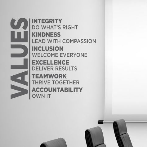 Employee Entrance Ideas, Productivity Quotes Work, Company Values Poster, Brand Values Design, Office Wall Colors Business, Office Wall Graphics Creative, Company Values Design, Wall Branding Ideas, Staff Break Room Ideas