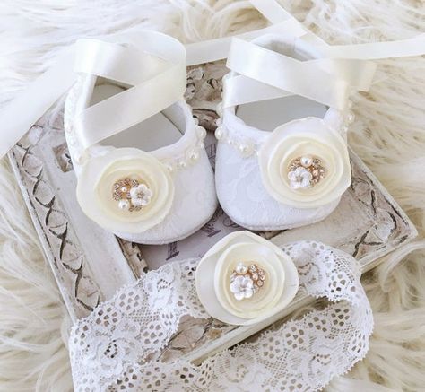 Baby Girl Ivory Christening Shoes, Baptism Shoes, Lace Shoes and Ivory Lace Headband with Satin Ivor Flower Girl Baby, Baptism Headband, Christening Shoes, Blessing Dress, Flower Girl Shoes, Girl Baptism, Girl Christening, Baptism Girl, Baby Christening