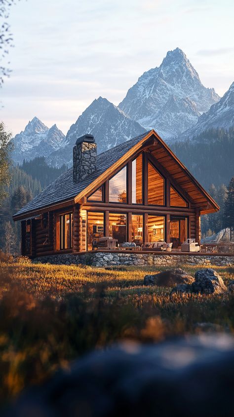 Rustic Mountain Cabin With Large Windows Overlooking Peaks Montana Cabin Aesthetic, Rustic Mountain Cabin, Colorado Mountain Homes, House In The Mountains, Cabin Mountain, Montana Cabin, Cabin Aesthetic, Cabin In The Mountains, Adirondack Mountains