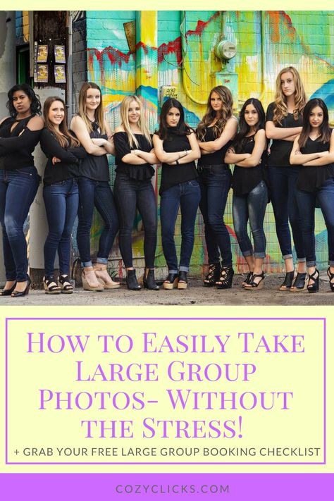 Tricks and tips for photographers on how to take photos of large groups. Photo tips for large group portraits. How To Take Good Group Pictures, Family Portraits 8 People, Photography Poses For Groups, How To Look Good In Group Photos, 8 People Group Photo, How To Pose For Group Pictures, How To Pose In Group Pictures, Family Of 10 Picture Poses, Fun Group Photos