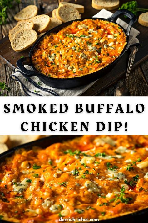 This crowd-pleasing smoked buffalo chicken dip is the perfect savory, spicy appetizer for cookouts, parties, and game-day events! Smoked Football Food, Brunch Smoker Ideas, Smoked Party Dips, Smoked Party Food, Thanksgiving Smoked Appetizers, Smoked Fall Recipes, Buffalo Chicken Dip Smoker, Traeger Smoked Dips, Smoked Chicken Buffalo Dip