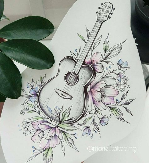 Acoustic Guitar With Flowers Tattoo, Music Flowers Drawing, Musical Rose Tattoo, Feminine Guitar Tattoo, Cool Guitar Drawings, Floral Guitar Tattoo, Cute Guitar Drawing, Guitar With Flowers Tattoo, Guitar Doodle Art