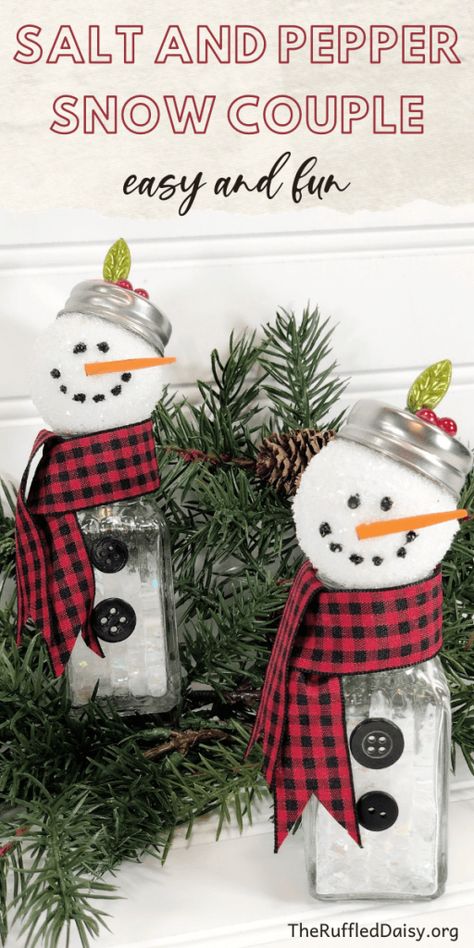 Snowmen Salt Shakers, Snowmen From Salt And Pepper Shakers, Salt And Pepper Shaker Christmas Ornaments, Salt And Pepper Christmas Crafts, Salt And Pepper Shakers Crafts Christmas Ornament, Diy Salt Shaker Snowman, Diy Christmas Salt And Pepper Shakers, Snowman Made Out Of Salt And Pepper Shakers, Shaker Craft