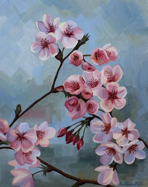 Blossom Painting Acrylics, Sakura Oil Painting, Cherry Blossom Landscape Painting, Cherry Blossom Painting Tutorial, Cherry Blossom Art Paintings, Painted Cherry Blossoms, Cherry Blossom Oil Painting, Sakura Painting Acrylic, Sophisticated Paintings