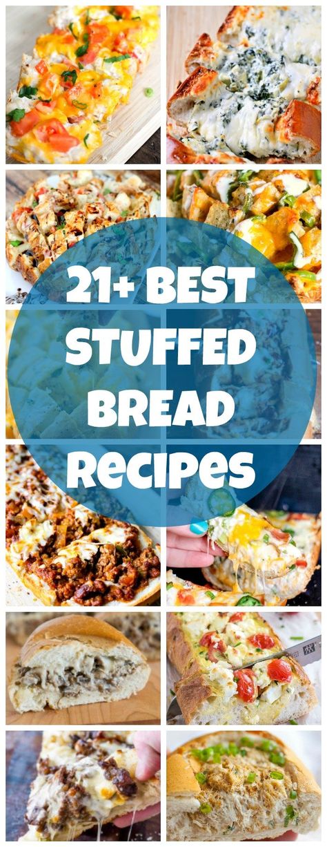 Stuffed bread is so versatile and perfect for meals or appetizers. Whip up a loaf on game-day, for a pot-luck, or just to stay home and enjoy! Here's a list of the BEST STUFFED BREAD RECIPES! Bread Boat Recipes Dinners, Stuffed Bread Dinner Recipes, Recipes With Loaf Of Bread, Stuffed Breads Recipes, Stuffed Seafood Bread Bowl, Stuffed Bread Appetizers, Stuffed Bread Loaf, Stuffed Italian Bread, Bread Boat Recipes