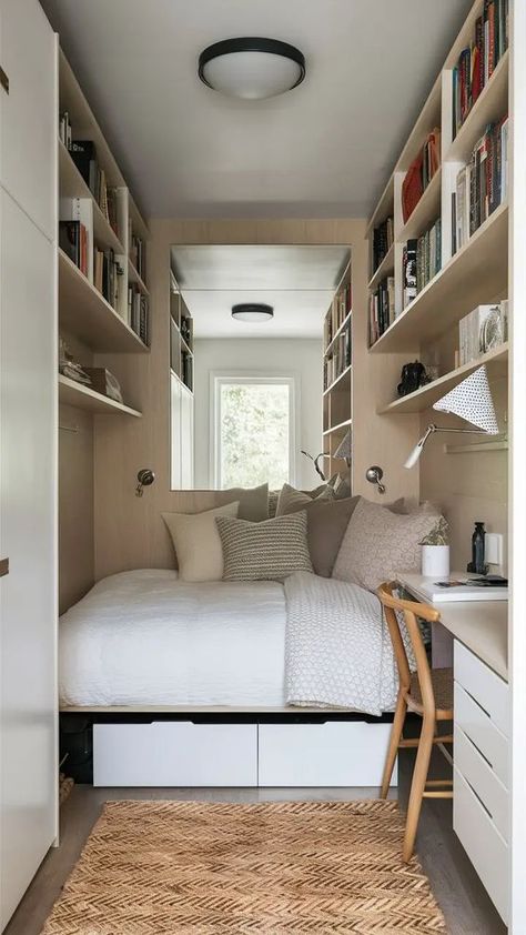 Small Bedroom Ideas: Maximize Your Space and Style - Roomrhythm Small Bedroom Loft Ideas, Office And Bedroom Combo Small Spaces, Office And Bedroom Combo, Extremely Small Bedroom Ideas, Bedroom Loft Ideas, Rhythm Design, Micro Apartments, Narrow Bedroom, Bungalow Ideas