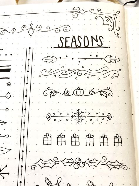 Winter Bujo Doodles, Bujo Date Headers, Dotted Notebook Ideas Aesthetic, Bujo Decoration Ideas, Reading Journal Doodles, Border Journal Ideas, Dot Journal Doodles, Journal Corner Designs, Journal Page Design Ideas