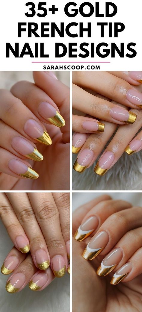 Get inspired by these 35+ glamorous gold French tip nail designs. Ranging from classic elegance to modern chic, you'll be the envy of all your friends with these dazzling fingertips. #NailDesigns #Nails #NailArt Gold French Tip Nail Designs, Gold Tip Nail Designs, Gold Tip French Manicure, Gold Nail Tips French, Golden French Tip Nails, Gold Bottom Nails, French Tip With Gold Nails, Monochrome French Tip Nails, Blue And Gold French Tip Nails