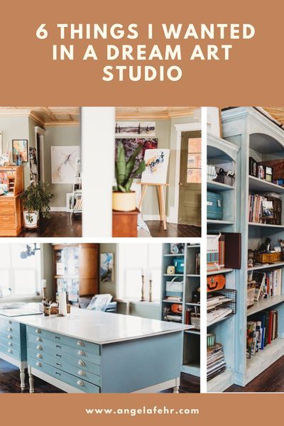 Things to include in a dream art studio. Build An Art Studio, Art Studio Painting Storage, Tables For Art Studio, Diy Garage Art Studio, Mixed Media Art Studio Organization, Art And Craft Studio Ideas, Art Studio Flooring Ideas, Scandinavian Art Studio, Art Studio Storage Cabinets