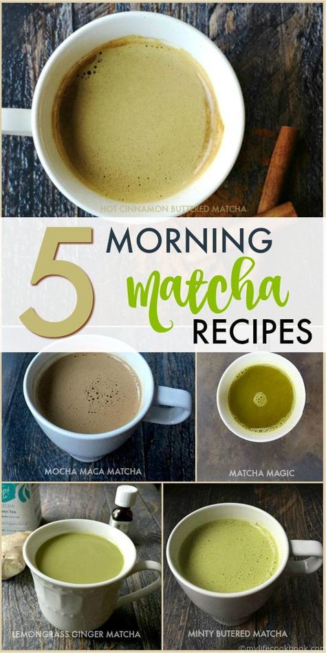 5 Morning Matcha Recipes - These delicious and easy matcha green tea recipes will be the perfect start to your mornings. | MyLifeCookbook.com #matcha #greentea #tea #breakfast #healthyrecipe Maca Tea Recipe, Healthy Matcha Recipe Drinks, Hot Matcha Recipe, Easy Matcha Recipes, Matcha Coffee Latte, Matcha Green Tea Powder Recipes, Frothy Drinks, Ayurvedic Drinks, Breakfast Drinks Healthy