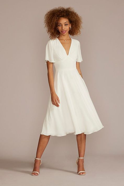 Chiffon Flutter Sleeve Midi-Length Dress | David's Bridal Shin Length Wedding Dress, Knee Length White Dress, Woodland Picnic, White Knee Length Dress, Courthouse Wedding Dress, White A Line Dress, Midi Gowns, White Bridal Dresses, Blusher Veil