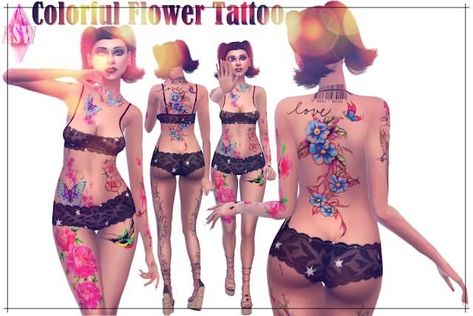 Tattoos Colorful, Aesthetic Sims, Colorful Flower Tattoo, Sims 4 Cc Hair, Sims 4 Tattoos, Sims 4 Cas Mods, Chain Skirt, Cc Mods, Sims 4 Game Mods