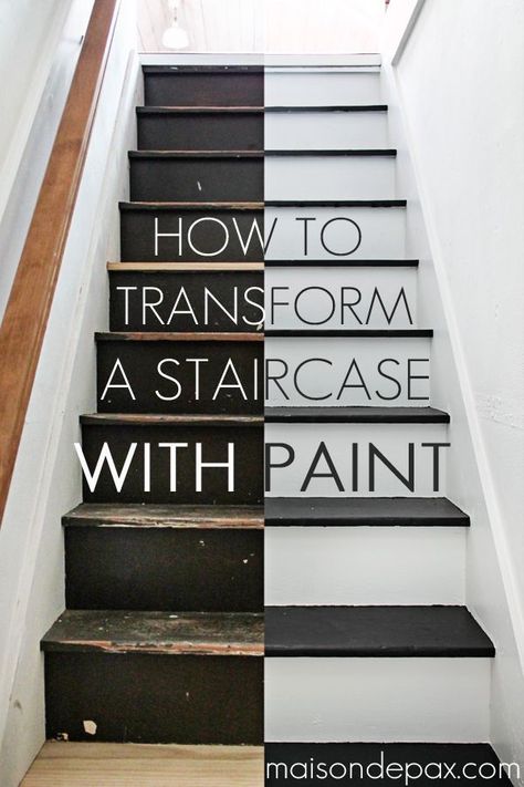 Step by step instructions on how to paint stairs - amazing transformation! maisondepax.com #diy #tutorial #farmhouse #staircase #maisondepax Stairs Makeover Ideas, Painted Staircases, Diy Staircase, Stairs Makeover, Staircase Makeover, Stair Remodel, Basement Makeover, Basement Stairs, Painted Stairs