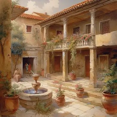 Old American Architecture, Street Market Architecture, Ancient Greek Interior, Greek Altar, Greek Courtyard, Ancient Greek Garden, Ancient Greek Buildings, Ancient Greece Architecture, Greek House Interior