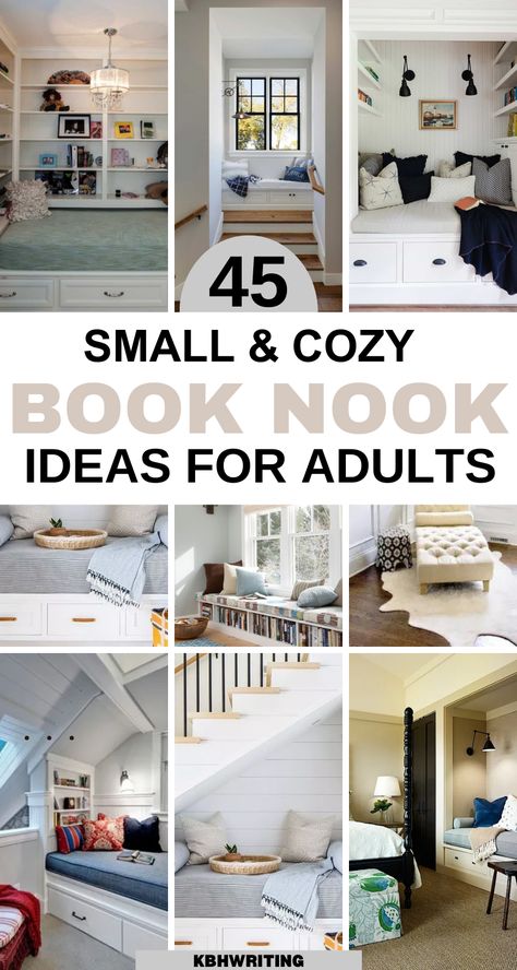 Escape into the world of literature with these small and cozy book nook ideas for adults. From tucked-away corners to creative displays, explore ways to craft your own personal reading sanctuary. Create a space that invites relaxation, exploration, and the pure joy of getting lost in a good book. #BookNookIdeas Small Reading Room Ideas, Reading Room Ideas Cozy, Book Nook Ideas, Cozy Book Nook, Reading Nook Diy, Small Home Library, Closet Nook, Reading Nook Closet, Attic Room Ideas