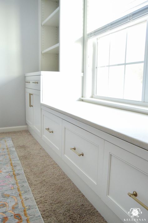 easy-diy-window-seat-bench-cushion-1-of-1 Entryway Built In Around Window, Built In Bench Cushion, Windowsill Bench, Window Seat Dimensions, Window Built Ins With Bench, Built Ins Around Window, Playroom Built Ins, Diy Window Seat Cushion, Diy Built Ins