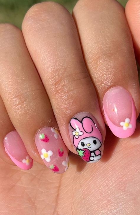 My Melody Nails For Kids, Nail Designs For Little Kids, Nail Ideas For Girls Kids, Nail Designs For Kids Cute, Cute Kid Nails Ideas, Kids Nail Designs Short, Hello Kitty Summer Nails, My Melody Nails Short, Disney Nails Kids