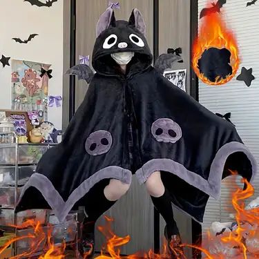 Cartoon Bat, Blanket Cape, Pajama Costume, Winter Poncho, Black Cloak, Girls Flannel, Cozy Wrap, Cute Bat, Winter Pajamas