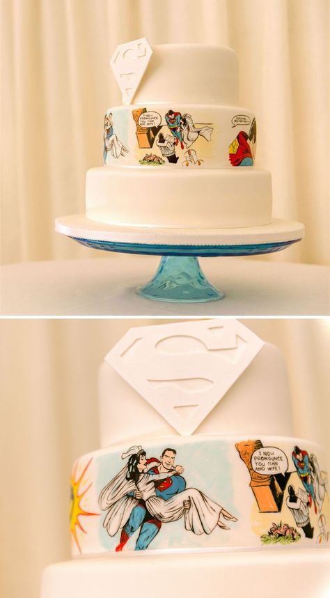 Birthday Ideas For Wife, Superhero Wedding Theme, Superhero Wedding Cake, Superman Wedding, Comic Wedding, Marvel Wedding, Unusual Wedding Cakes, Unique Wedding Cake, Funny Wedding Cakes