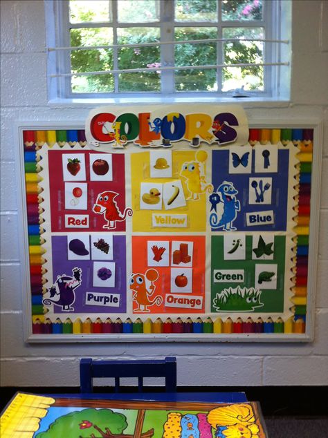 Interactive bulletin board based on pin of color board from http://www.littlehandsbigwork.com. Kids start next wee so we are excited to see how they like it. Color Theme Bulletin Board, Preschool Bulletin Boards Interactive, Color Board Preschool, Velcro Classroom Ideas, Color Theme Board For Preschool, Color Display Classroom, Preschool Room Decor Classroom Setup, Color And Shape Bulletin Board, Art Wall For Preschool Classroom