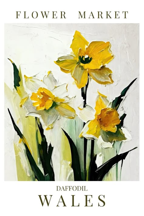 Bring the beauty of Wales into your home with this colorful National Flower Poster. Featuring a beautifully expressive Daffodil floral art design, this printable wall art is the perfect statement piece for any room. Instantly downloadable and printable, this digital download is a great gift for a loved one or as a housewarming present. Daffodil Art, Daffodil Painting, Classy Wallpaper, Floral Art Design, Daffodil Flower, Japanese Textiles, Art Inspiration Painting, Room Posters, Flower Market