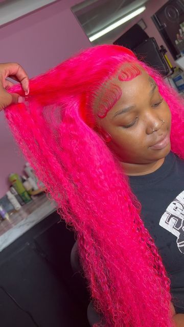 Pink Wet And Wavy Wig, Color Wet And Wavy Wig, Curly Pink Wig, Hot Pink Lace Front Wig, Pink Deep Wave Wig, Wet And Wavy Colored Wigs, Colored Deep Wave Wig, Deep Wave Wig With Color, Pink Wig Install