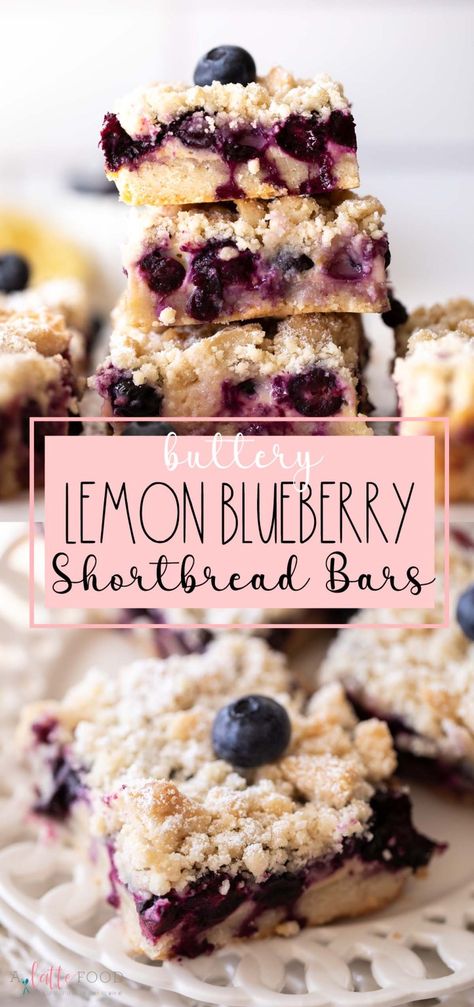 Lemon Blueberry Shortbread Bars are the perfect summer pie bar recipe! It begins with a buttery shortbread crust that we also use for the shortbread crumb topping. The filling is a lemon custard made with sweetened condensed milk and fresh blueberries. Top these shortbread lemon pie bars with powdered sugar! Lemon Blueberry Shortbread Bars, Blueberry Shortbread Bars, Shortbread Pie, Blueberry Custard Pie, Blueberry Shortbread, Lemon Pie Bars, Lemon Blueberry Bars, Blueberry Pie Bars, Shortbread Cookie Crust