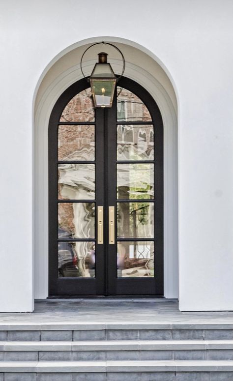 Arched Exterior Doors, Arched Front Door, Arched Doors, Front Entrance, Front Door Design, House Doors, Entry Door, French Door, Wall Lantern