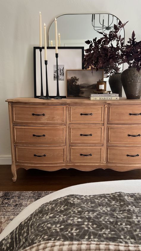 Love this dresser styled for fall Autumn stems ceramic vase bedroom curved dresser coffee table books decoration decor ideas 2 Dressers In Bedroom Layout, Dark Brown Dresser Bedroom, Amazon Drapes, Curved Dresser, Tall Dresser Decor, Vase Bedroom, Bedroom Dresser Decor, Dark Wood Dresser, Bedroom Dresser Styling