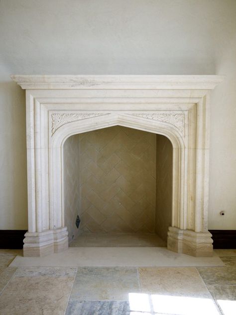 Cast Limestone Fireplace, Flat Stone Fireplace, Arched Fireplace Mantle, Old World Fireplace, Tudor Style Fireplace, Plaster Fireplace With Wood Mantel, Stone Fireplace Exterior, Electric Fireplace Hearth, Baroque Fireplace