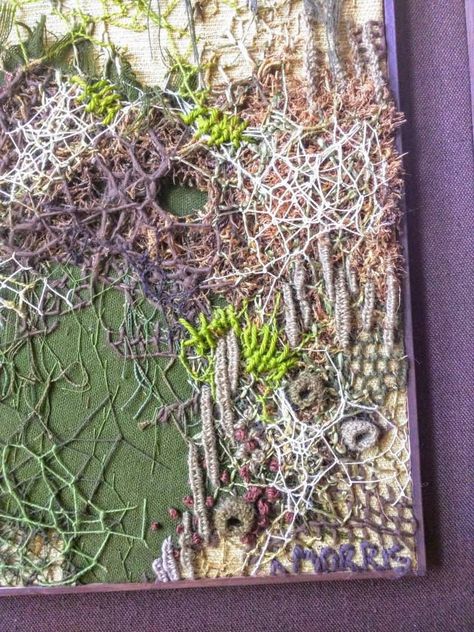 "1970 fiber art \"Rainforest\" large framed mixed media Larou Morris lichen moss crochet knit abstract forest olive green mustard brown white Signed art dated 1970 titled \"Rainforest\" by Larou Morris, embodies Northwest forests, mossy branches, earthy, woody shades. A perfect example of late 60's and early 70's fiber arts. This piece is very large and heavy. The frame has been chipped a bit, but it's solid. Otherwise in very good condition, colors of wool are rich. The colors look like natural Mixed Media Forest Art, Mixed Media Crochet, Moss Textiles, Moss Clothing, Moss Embroidery, Moss Crochet, Abstract Crochet, Forest Crafts, Cells Project