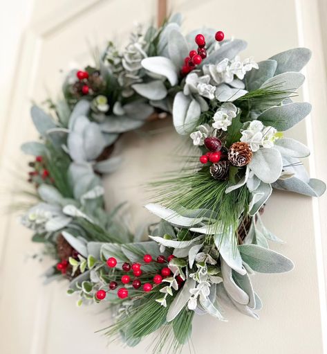 I am so excited to finally release this lambs ear Christmas wreath! I’m obsessed with lambs ear and love how versatile it can be. This wreath is now up in my shop and can be purchased in a larger size. #christmasdoorwreath #christmasstyle #lambsearwreath #christmasdecor #holidaydecor #curbappeal #wreathsofinstagram #wreathwithberries #xmaswreath #holidaywreath #homestyle Lambs Ear Christmas Decor, Lambs Ear Wreath, Christmas Door Wreaths, Xmas Wreaths, Lambs Ear, Christmas Fashion, Holiday Wreaths, Christmas Wreath, So Excited