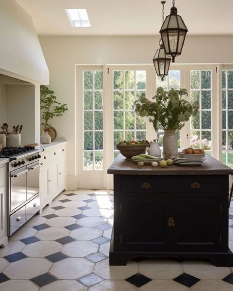 Classic traditional kitchen with lantern pendants over work island. Octagon And Dot Tile, Flooring In Kitchen, Tudor Kitchen, Different House Styles, Quiet Elegance, European Kitchens, Organic Kitchen, Tudor Style Homes, English Kitchens