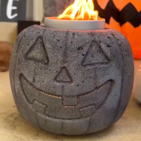 DIY: How to Make a Concrete Halloween Pumpkin Fire Pit Pumpkin Concrete Diy, Making Concrete Pumpkins, Cement Jack O Lantern, Diy Cement Jack O Lantern, Concrete Pumpkins How To Make, Concrete Halloween Decorations, Concrete Jack O Lantern, Cement Pumpkins Diy, Concrete Pumpkins Diy