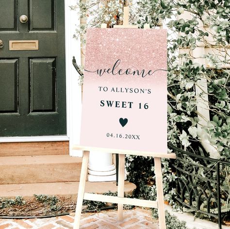 Sweet 16 Sign, Purple Sweet 16, Posters Typography, Gold Glitter Ombre, Sweet 16 Party Decorations, Sweet Sixteen Birthday Invitations, Pink Sweet 16, Sweet 16 Photos, Rose Gold Cake