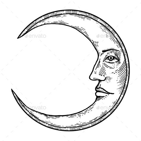 Moon with Face Engraving Style Vector Illustration Moon With Face, Engraving Tattoo, Petit Tattoo, Sun Tattoos, Engraving Illustration, Moon Drawing, Pencil Drawings Easy, Moon Face, Desenho Tattoo