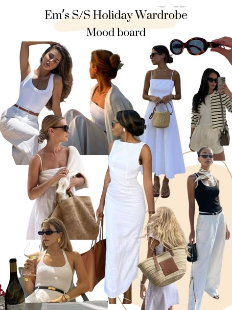 Summer Holiday Mood Board Fiji Holiday Outfits, Summer Mood Board Aesthetic, Holiday Mood Board, Sunday Fits, Europe Winter Outfits, Essentials Clothes, Italy Summer Outfits, Chic Resort Wear, Italian Summer Outfits