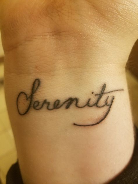 Serenity tattoo in cursive on wrist Peace And Serenity Tattoo, Tattoo In Cursive, I Cursive, Serenity Name, Serenity Courage Wisdom Tattoo Symbol, Serenity Cursive Tattoo, Serenity Prayer Tattoo, Serenity Tattoo, Tattoo On Wrist