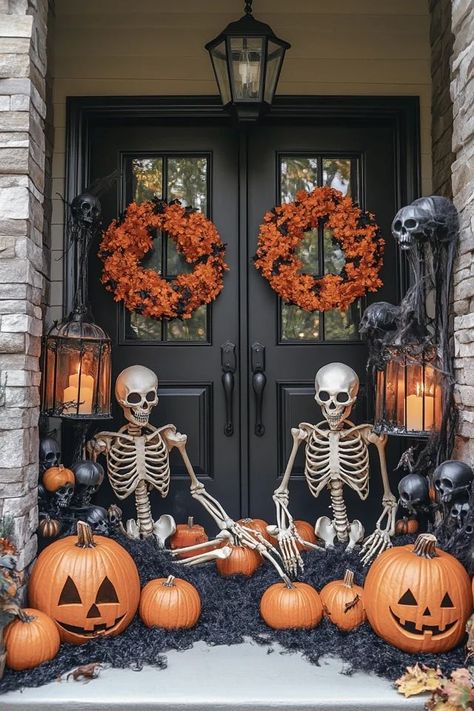 "Add a touch of terror to your entryway with Spooky Front Porch Decor! 🎃👻 A great way to make your home the scariest on the block. 🌿✨ #SpookyEntrance #HalloweenPorch #CreepyDecor" Front Entrance Halloween Decor, Front Steps Halloween Decor, Halloween Flower Bed Decor, Halloween Front Lawn Ideas, Halloween Decorations Porch Outdoor, Simple Halloween Front Porch Decor, Halloween Porches Ideas, Halloween Atheistic, Outdoor Halloween Decorations Porch