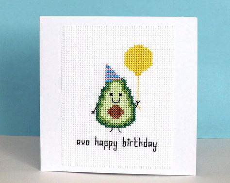 Happy Birthday Cross Stitch Cards, Happy Birthday Cross Stitch Pattern, Birthday Cross Stitch Patterns, Avocado Cross Stitch, Happy Birthday Cross Stitch, Avocado Card, Birthday Cross Stitch, Avocado Birthday, Stitch Gifts