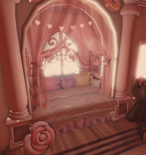 Pink Coquette Bloxburg House, Soft Royale High Outfits, Royale High Dorm Bed Ideas, Royale High Desk Ideas, Kuromi Decal Codes, Dorm Inspo Royale High, Royal High Dorm Layout, Royale High Bedroom Ideas, Royal High Room Ideas