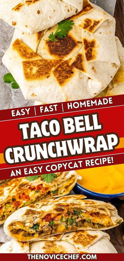 With this Taco Bell copycat recipe, you can enjoy a homemade crunchwrap supreme that is even better than the original! With seasoned ground beef, nacho cheese, lettuce, tomatoes, sour cream, and a crunchy tostada shell, this handheld dinner has everything you could want. Taco Bell Copycat Crunchwrap Supreme, Taco Bell Crunchwrap Supreme Recipe, Toco Bell Crunch Wrap, Crunchy Taco Wrap, Crunchy Wrap Supreme Recipe, Diy Taco Bell Crunch Wrap, Mini Crunch Wrap Supreme, Copycat Recipes Taco Bell, Taco Bell Crunch Wrap Supreme Copycat