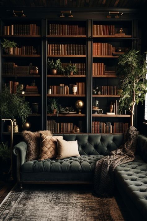 Cozy Home Library, Home Library Rooms, Library Room, Dark Home Decor, Home Library Design, Dark Home, Home Libraries, Hairstyle Women, Short Hairstyle