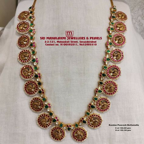 Light Weight Bottu Mala Designs, Botu Mala Gold Necklace, Bottu Haram Designs, Kempula Haram Designs, Kundan Bottu Mala, Bottu Mala Jewellery Designs, Bottumala Designs, Bottu Mala Designs, Bottu Mala