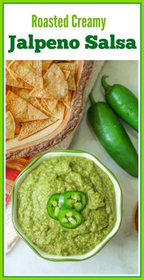 Jalapeno salsa is a flavorful spicy creamy salsa. Its creamy texture is created from roasted jalapenos, onions, and garlic that is combined with fresh cilantro, lime juice, and olive oil. This Mexican green sauce is great on chips or your favorite tacos! #salsa #jalapeno Mexican Green Sauce, Roasted Jalapeno Salsa, Roasted Jalapenos, Creamy Salsa, Dips Recipes, Vegan Dips, Chicory Recipe, Roasted Jalapeno, Healty Dinner