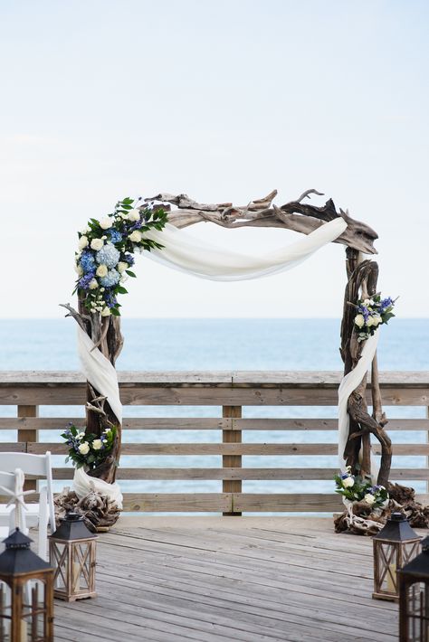 Wedding On Pier, Pier Wedding Decorations, Pier Wedding Ceremony, Outer Banks Beach Wedding, Dock Wedding, Coastal Wedding Decor, Pier Wedding, Sea Glass Wedding, Obx Wedding